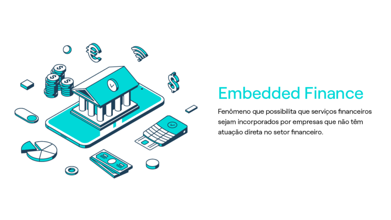 Infográfico sobre Embedded Finance com ícone de um prédio e outros elementos do universo financeiro como moedas, símbolos monetários, gráficos, máquina de cartão