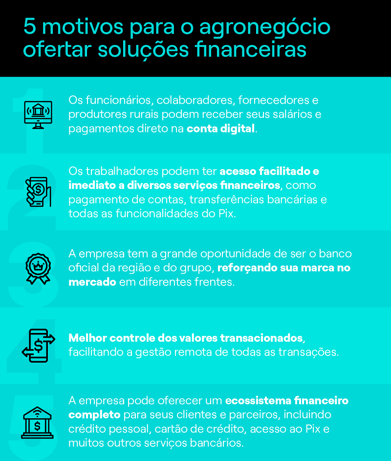 Infográfico com 5 motivos para o agronegócio ofertar soluções financeiras