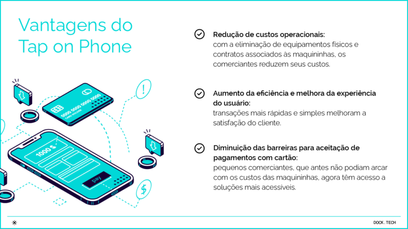 Vantagens do Tap on Phone Redução de custos operacionais: com a eliminação de equipamentos físicos e contratos associados às maquininhas, os comerciantes reduzem seus custos. Aumento da eficiência e melhora da experiência do usuário: transações mais rápidas e simples melhoram a satisfação do cliente. Diminuição das barreiras para aceitação de pagamentos com cartão: pequenos comerciantes, que antes não podiam arcar com os custos das maquininhas, agora têm acesso a soluções mais acessíveis.