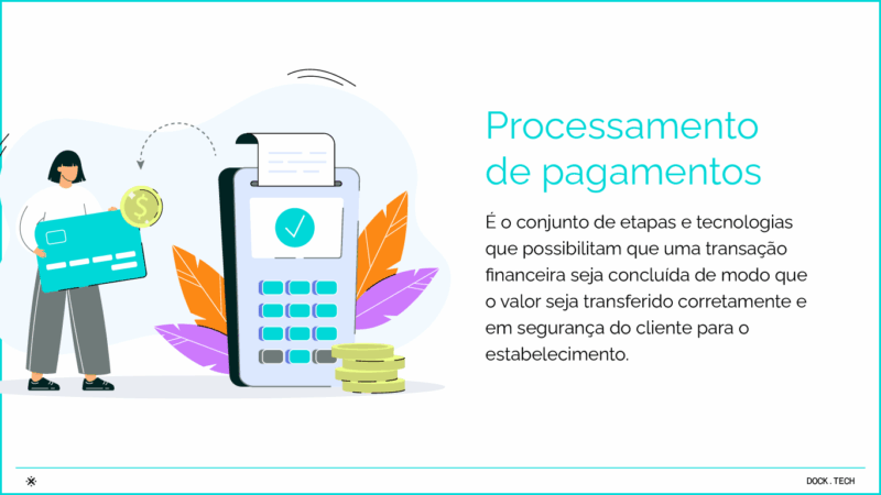 Processamento de pagamentos É o conjunto de etapas e tecnologias que possibilitam que uma transação financeira seja concluída de modo que o valor seja transferido corretamente e em segurança do cliente para o estabelecimento.