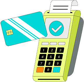 Ilustração de um cartão de crédito e uma maquininha de cartão